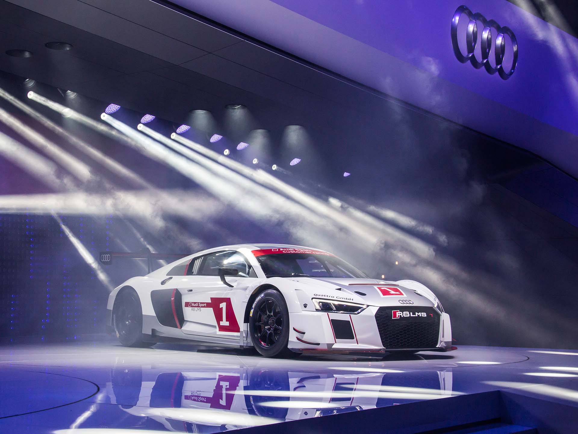 A picture showing the reveal of the Audi R8 LMS GT3 at the 2015 Geneva Motor Show.